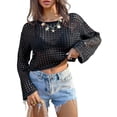 thumbnail image 1 of Haut Court au Crochet en Résille pour Femme à Manches Longues, Col Rond, Transparent, Ajouré, en Maille, par-Dessus de Bikini, Noir, G, 1 of 7