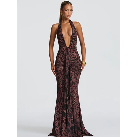 Leopard Print Backless Sexy Maxi Dress Women Gown Elegant Halter Deep V Neck Sleeveless Bodycon Draped Club Long Dress