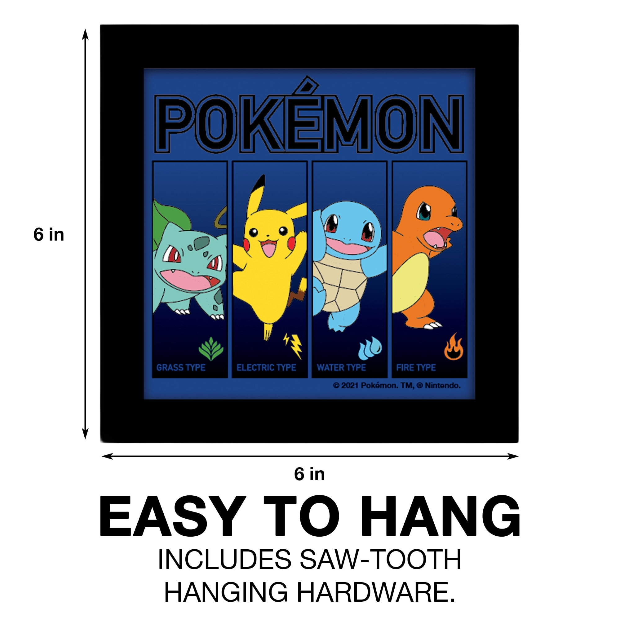 (2 pack) Silver Buffalo Pokemon Starter Binding Types Gel Coat 6" x 6" Framed MDF Modern Wall Art