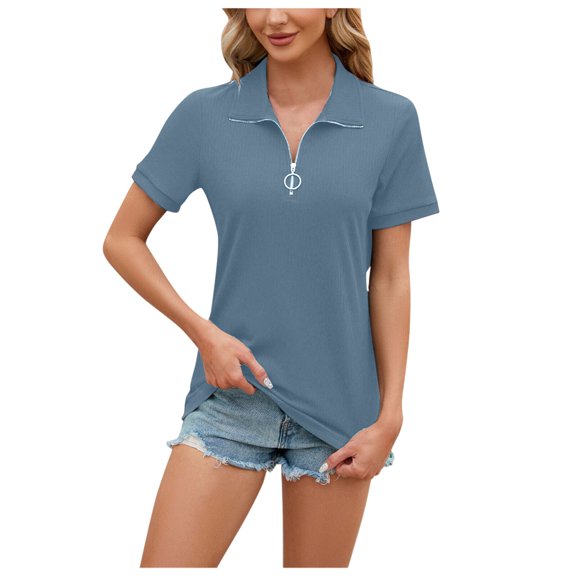 Women's Casual Zipper Lapel T-Shirt Summer Short Sleeve Loose Fit Fashion Top Comfortable Breathable Daily Wear