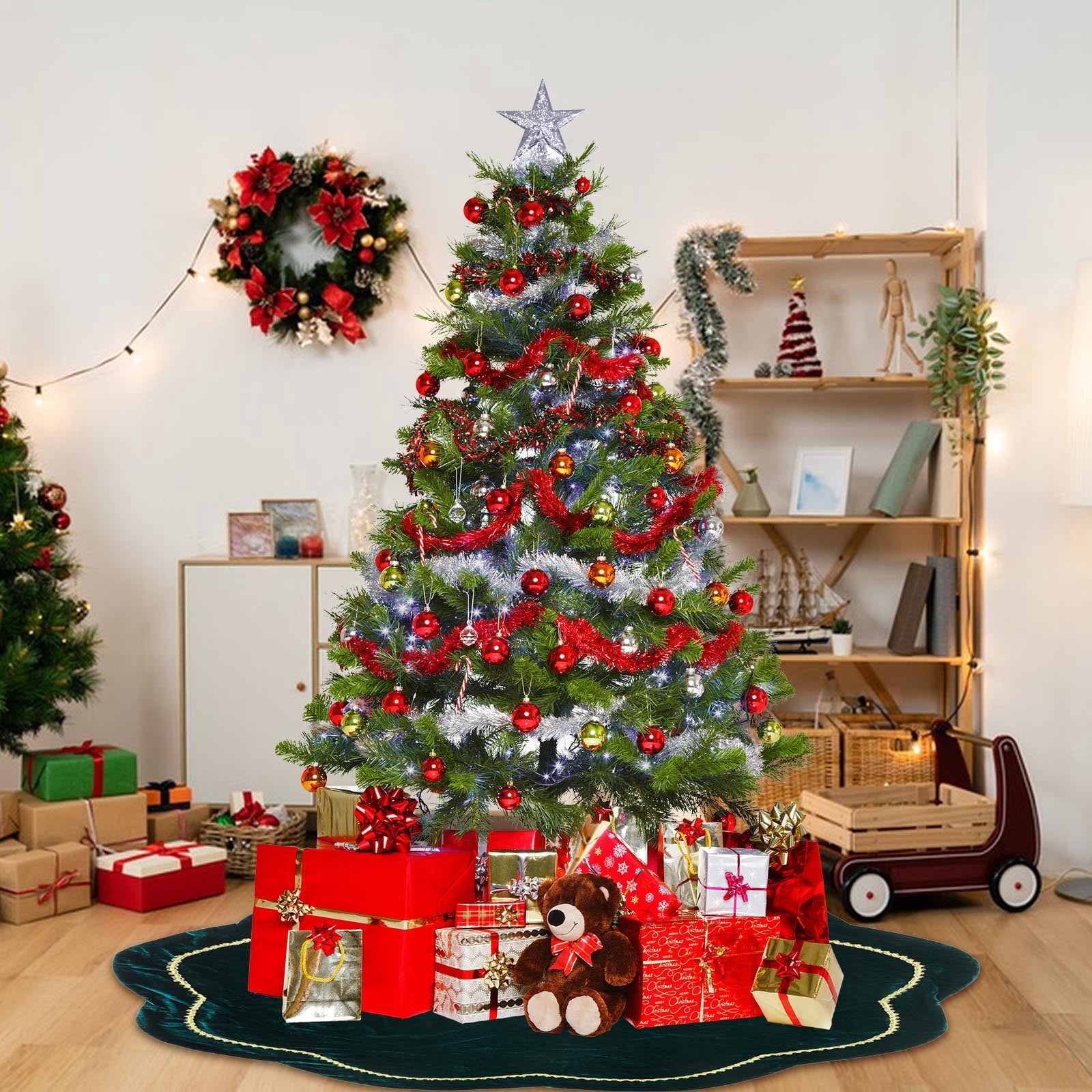 Christmas Decorations, Velvet Christmas Tree Skirt Holiday Tree Base Cover with Bow Tie Design Green Decorative Tree Skirt for Christmas Tree Ornament Display