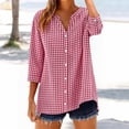 thumbnail image 2 of WTXUE Women Gingham Plaid Striped Tops 3/4 Sleeve Button Down Plaid Shirts Trendy Tops Plain Tops Plaid Gingham Blouse Shirts V Neck Casual Loose Blouse Fashion Tops Plain Tops Red Xl, 2 of 4