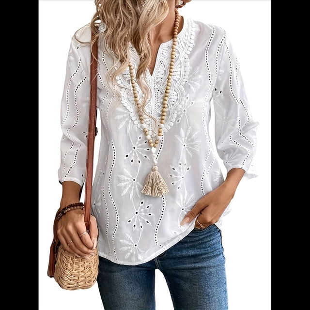 Blusa de Verano con Cuello Entallado y Mangas 3/4 con Bordado de Ojales para Mujer L