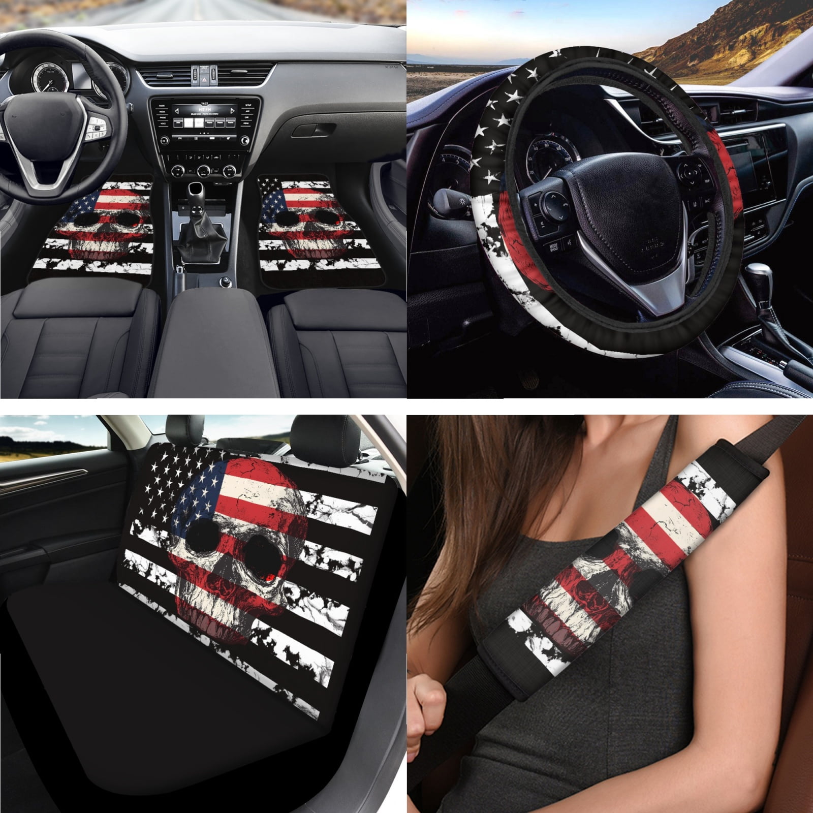 Jeiento American Flag Car Seat Cover Full Set for Men Woman Car Floor Mats Steering Wheel Cover Keychains Seatbelt Pad Armrest Cover Coasters Skeleton Lipstick Holder Interior Auto Accessory 17pcs