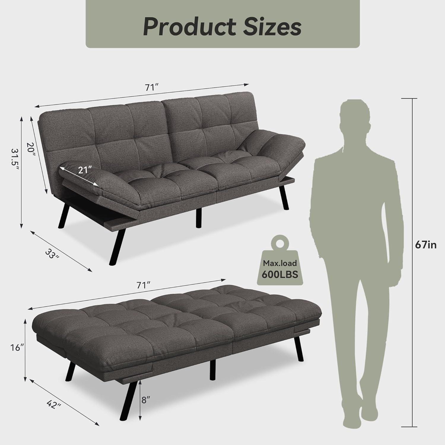 Convertible Futon Sofa Bed, 71" Comfy Loveseat Sleeper Sofa, Thicken Cushion, Comfy Velvet Twin Size Futon Couch Bed for Small Space Bedroom Dorm Office