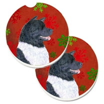 Akita Red and Green Snowflakes Holiday Christmas Set of 2 Cup Holder Car Coasters