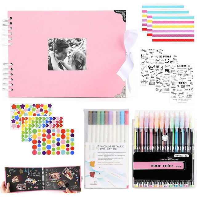 Kit de álbum de fotos DIY, Álbumes de Recortes de 80 Páginas, álbum de fotos conmemorativo, Incluye accesorios como pegatinas y pinceles, adecuado para bodas, aniversarios, día de San Valentín(rosa)
