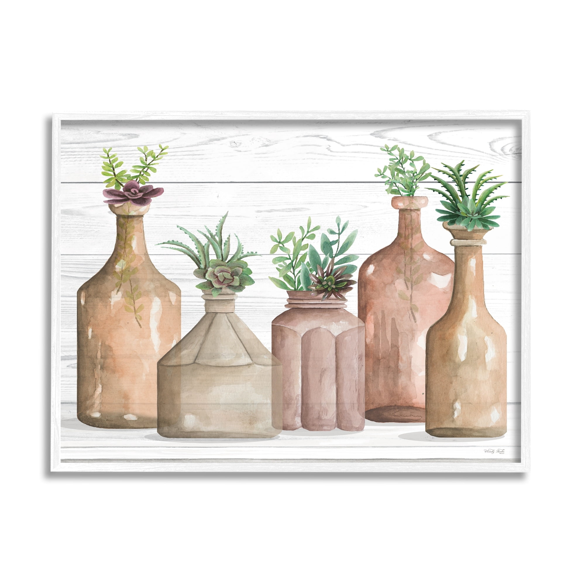 Stupell Industries Succulents Herbs Rustic Cottage Jars Leaves Arrangement Graphic Art White Framed Art Print Wall Art, Design by Cindy Jacobs