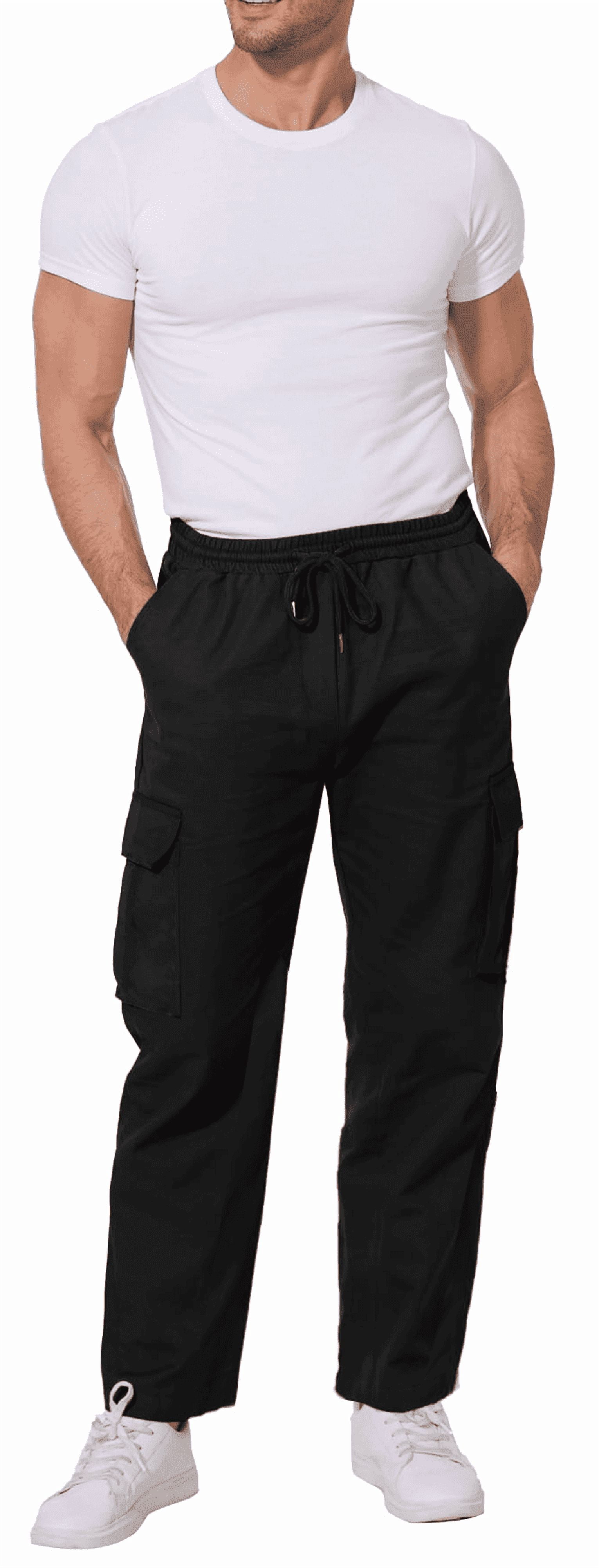 PUZTLOY Men Cargo Pants work Joggers Sweatpants Casual Hiking baggy Workout Drawstring Pants with Multi Pockets Black