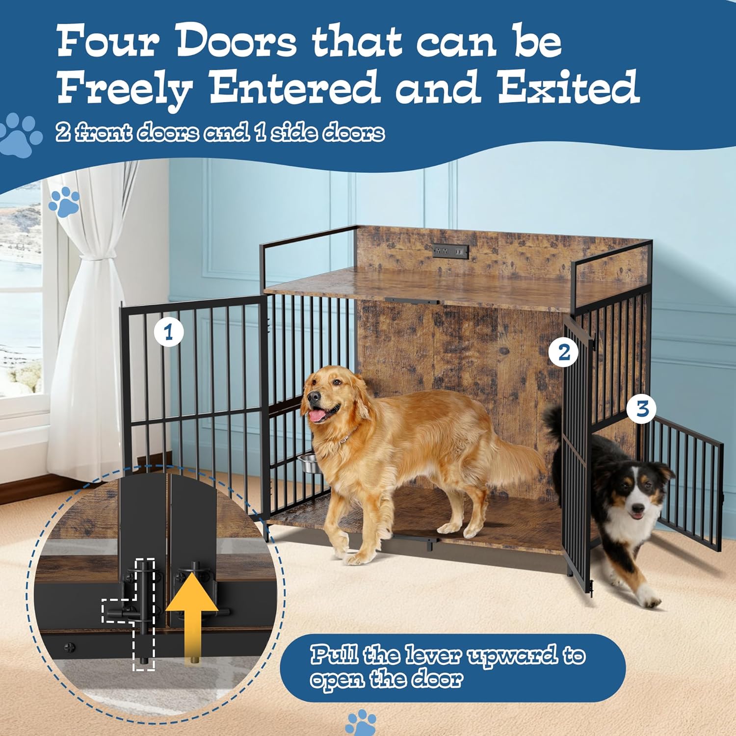 48" Dog Crate Furniture for Large Dogs, Wooden Dog Kennel with 360° Rotating Feeder Bowls and 3 Doors, Indoor Dogs Crates with USB Charging Station, Heavy Duty Medium Dog Cage