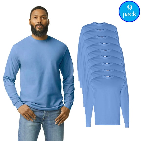 Gildan Heavy Cotton Long Sleeve T-Shirt, Men's Carolina Blue Everyday Wear T-Shirt, 9-Pack Shirts, S