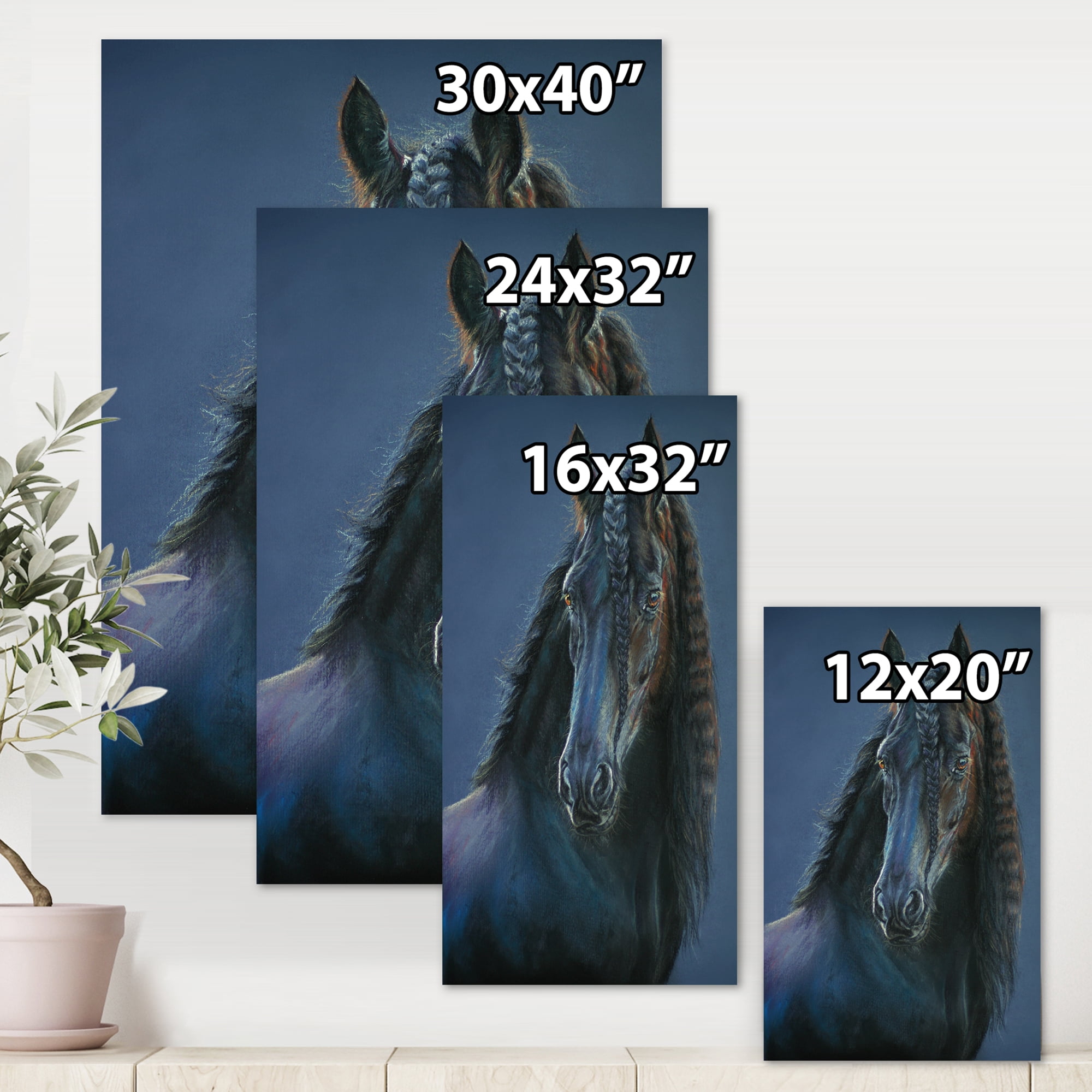 Designart ' Frisian Black Horse Portrait ' Farmhouse Canvas Wall Art Print