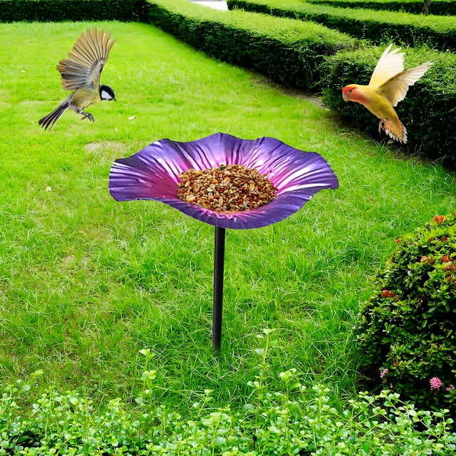 Uklsqma Metal Outdoor Garden Bird Bath Feeder Set | Iron Metal Stake Hummingbird Feeder with Flower Shape | Waterproof Durable Yard Decor | Easy Install Backyard Birdbath for Patio Garden Gift