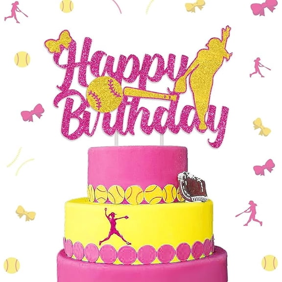 Softball Cake Topper Glitter Pink and Yellow, Fast Pitch Girls Birthday Decorations Sports Player Party Supplies