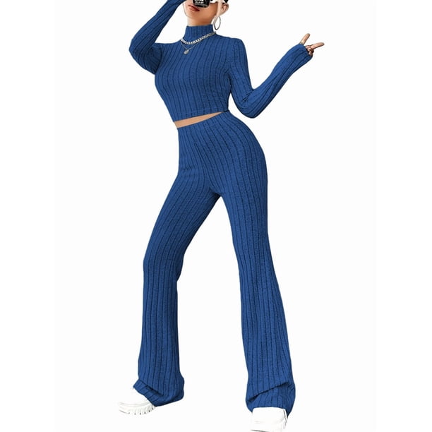 Conjunto de Pijama de Larga para Mujer, Conjunto de Pijama Informal de 2 Piezas, Ropa de Dormir de Otoño Azul S