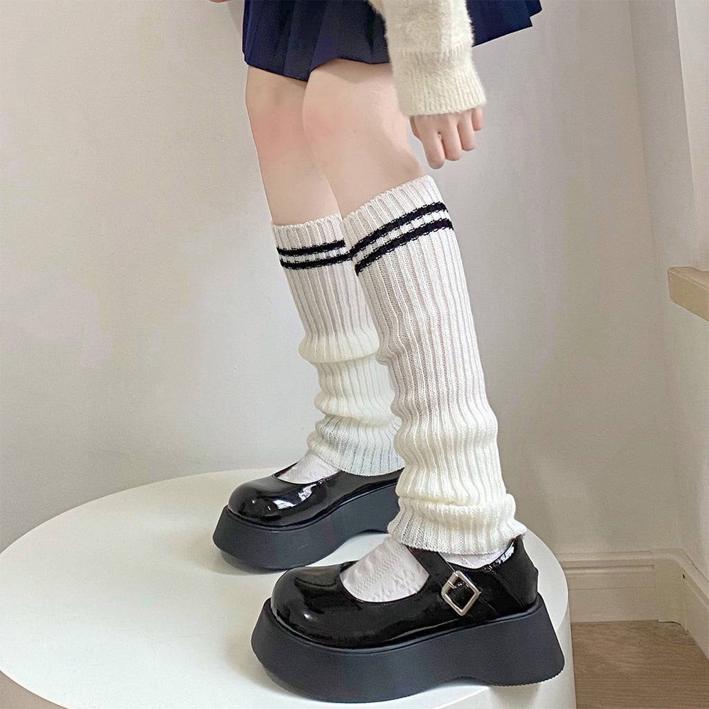Women Student Double Striped Knit Leg Warmers Japanese Preppy Style School  Uniform Lolita Boot Cover Crochet Ribbed Stretch Tube Knee High Socks 