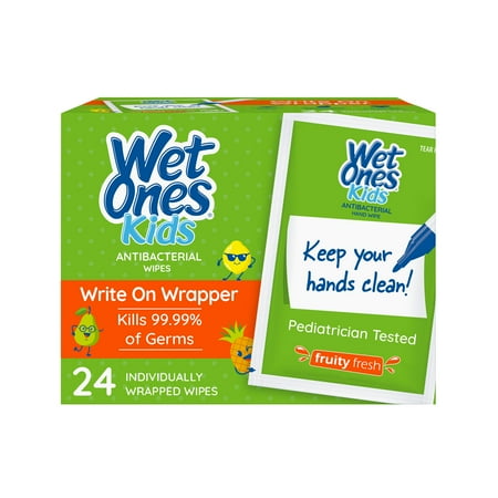 Wet Ones Kids Antibacterial Hand Wipe Singles With Writable Wrapper, Fruity Fresh Scent, 24 Ct