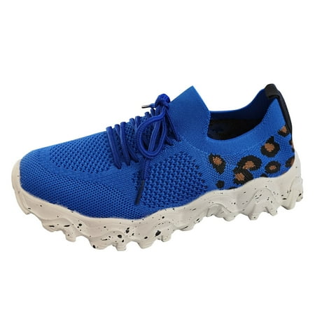 Walking Sneakers for Women Wide Width Female Womens Sneakers Women s Fashion Mesh Cloth Leopard Print Sneakers Breathable Non Slip Lace Up Casual Shoes(Blue 9)