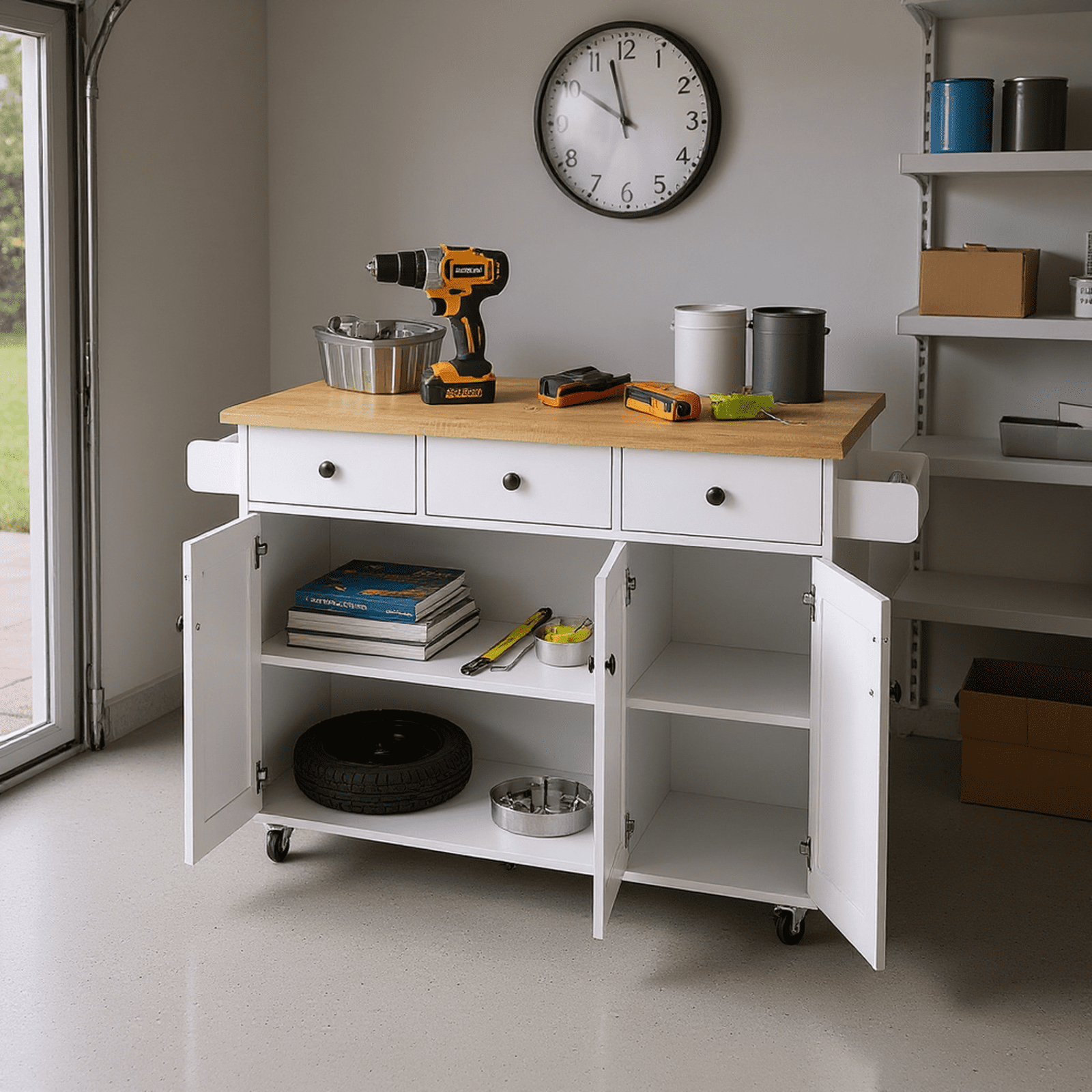 Homy Casa 56  Rolling Garage Storage Cabinet with Drawers  Doors & Wood Top  Mobile Tool Organizer Workbench