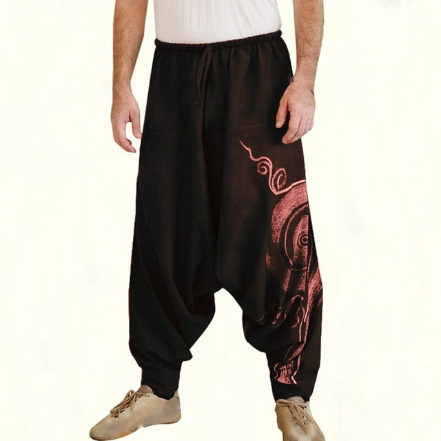 Pantalones largos para hombre, holgados, informales, con cintura elástica, cordón ajustable, tiro bajo, para yoga, de poliéster