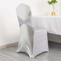 Efavormart Metallic Silver Shimmer Tinsel Spandex Banquet Chair Cover With Attached Sash Band and Round Silver Rhinestone Buckle