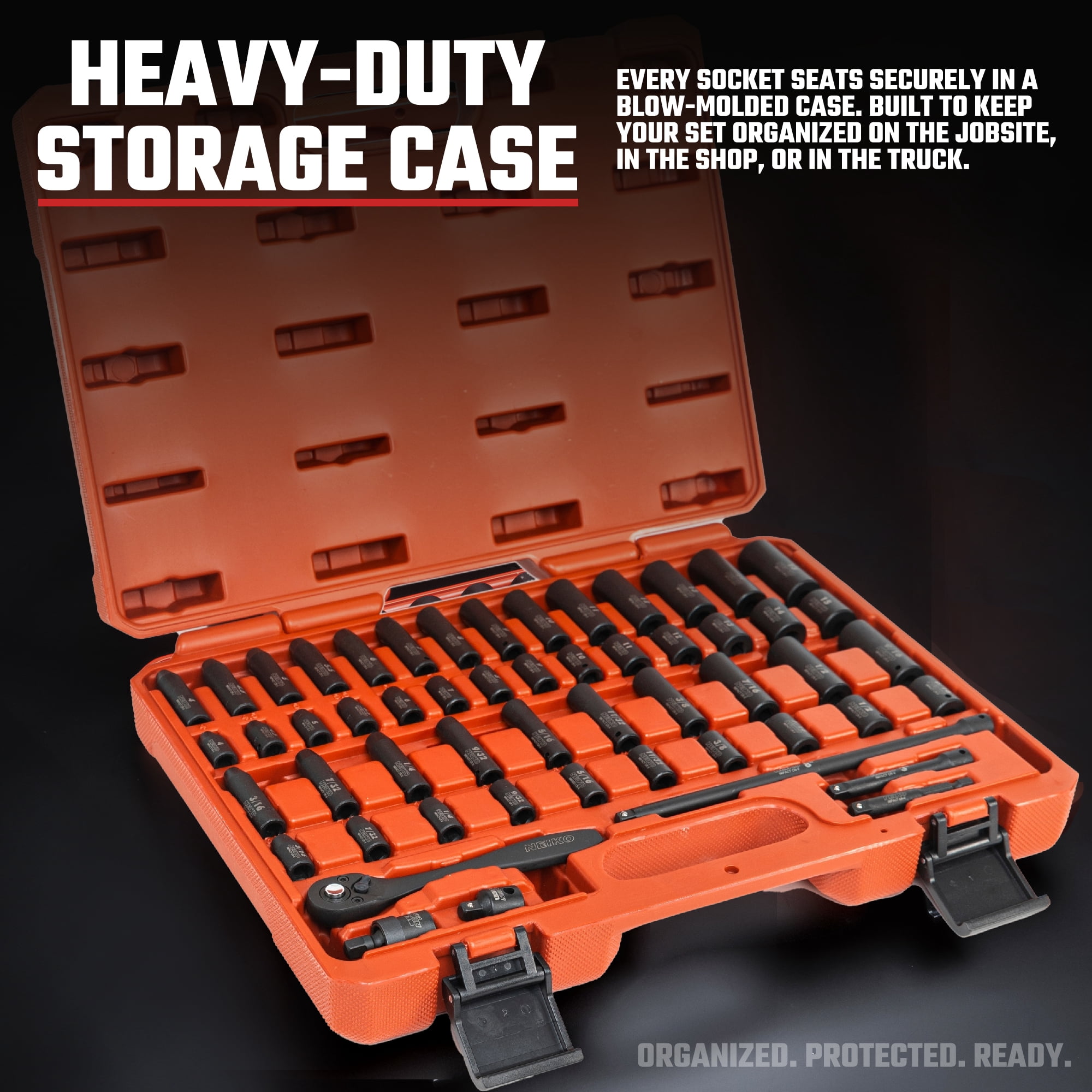 NEIKO 02437A 1/4 Drive Impact Socket Set 54 Piece Metric & Standard, Deep & Shallow Chrome Vanadium Steel 3/8” to 1/4” Reducer Hex Shank Adapter, Metric and Standard, Deep Socket Set
