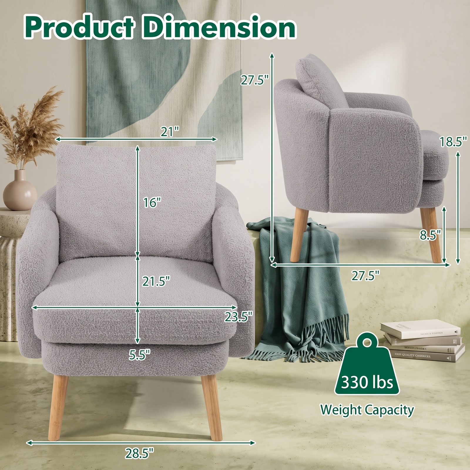Furnibear Sherpa Accent Chair, Modern Upholstered Living Room Armchair with Seat Cushion and Lumbar Pillow, Solid Rubber Wood Legs, Cozy Single Sofa Chair for, Grey
