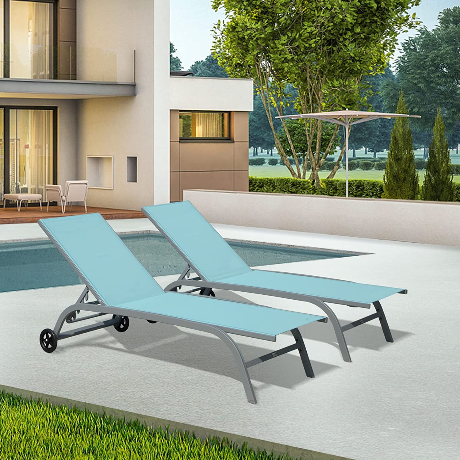 Chaise Lounge Outdoor Set of 2, Lounge Chairs for Outside with Wheels ...