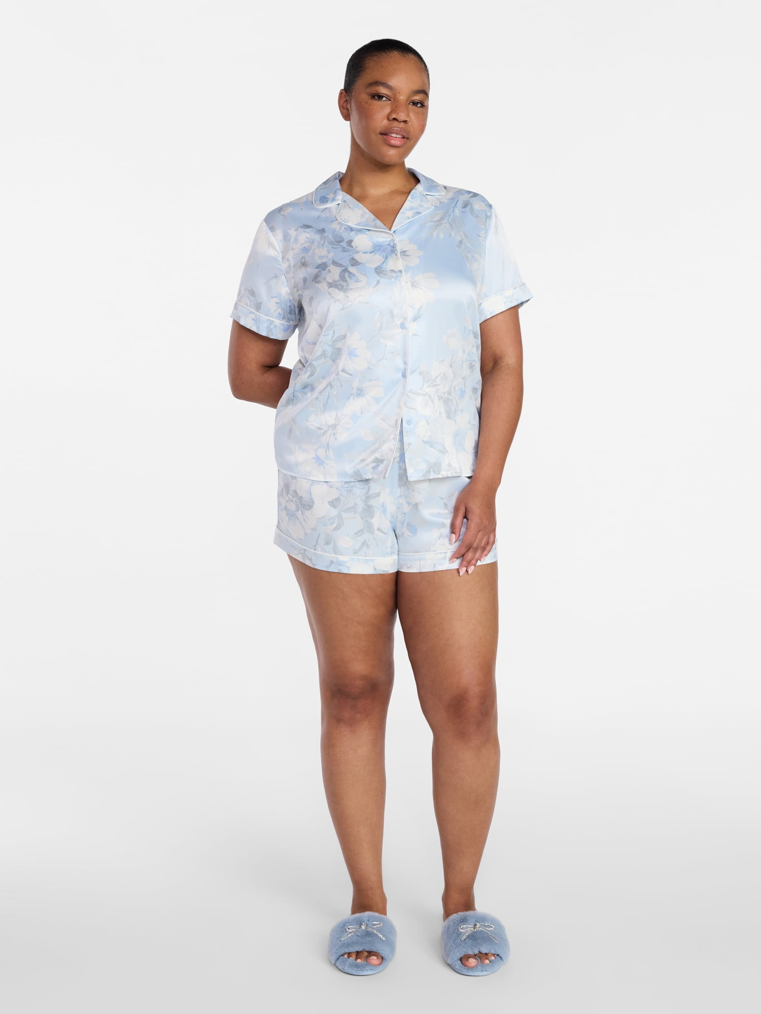 Joyspun Women’s Bridal Satin Short Sleeve Top and Shorts Pajama Set, Sizes XS-3X