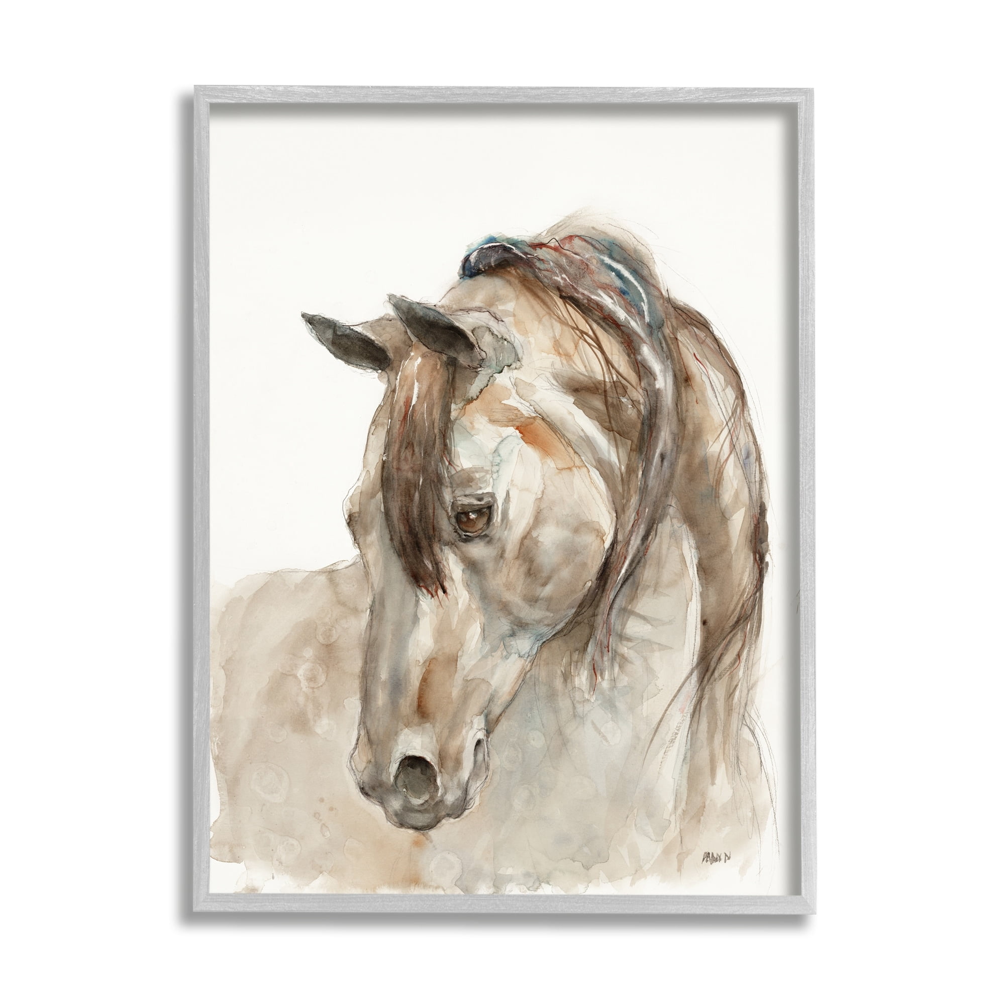 Stupell Industries Gentle Horse Portrait Farm Animal Watercolor Detail Painting Gray Framed Art Print Wall Art, Design by Patti Mann