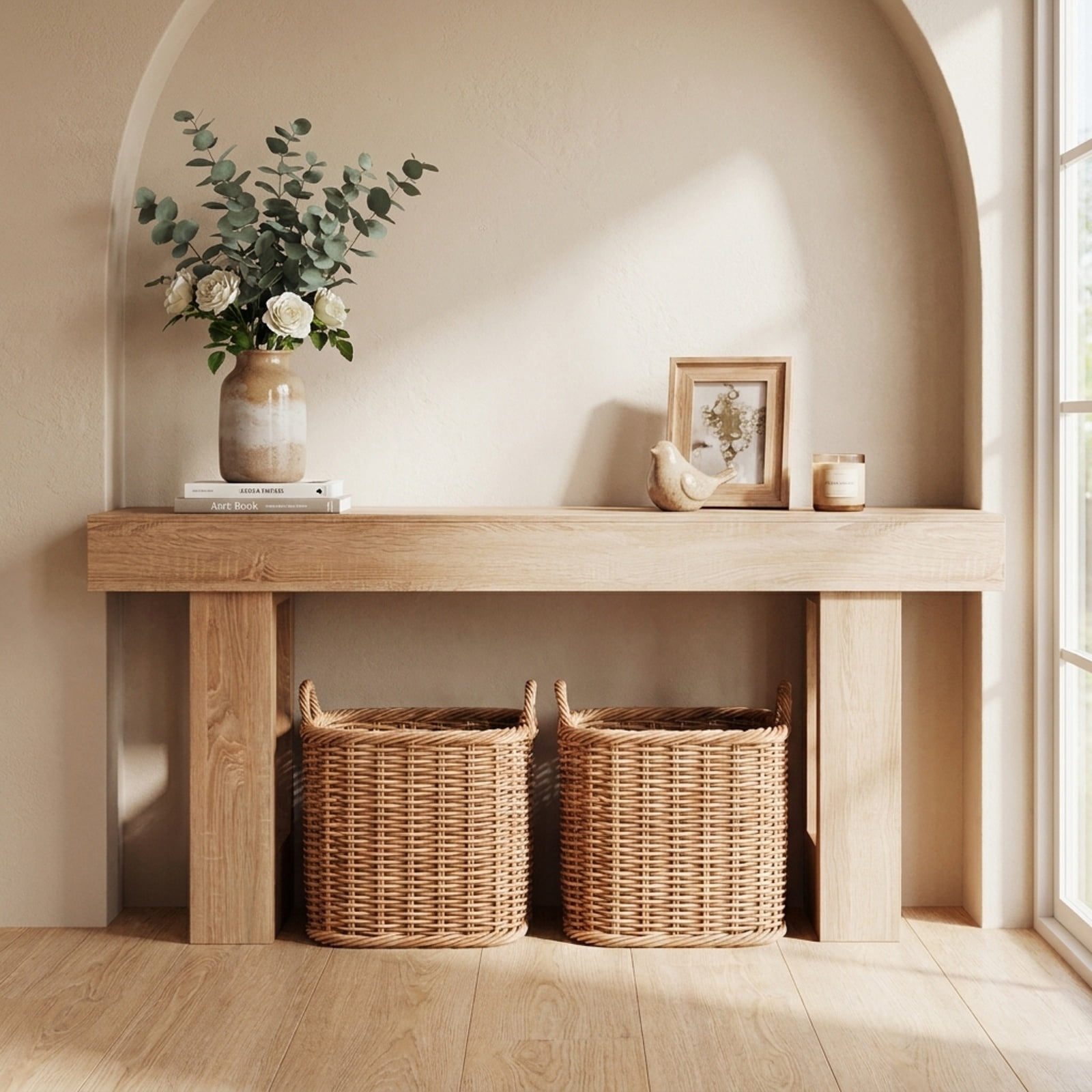 Furnibear 63 Inch Long Console Table Farmhouse Entryway Table with Bottom Storage for Living Room Hallway Foyer Sofa, Natural