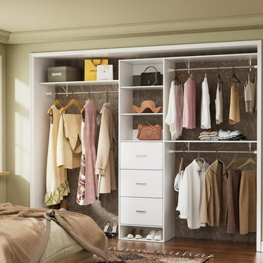 CABINAHOME Shelving Towers & 3 Drawers,Wood Closet Organizer Walk in Closet Organizers and Storage With 2 Adjustable Shelves, Garment Rack
