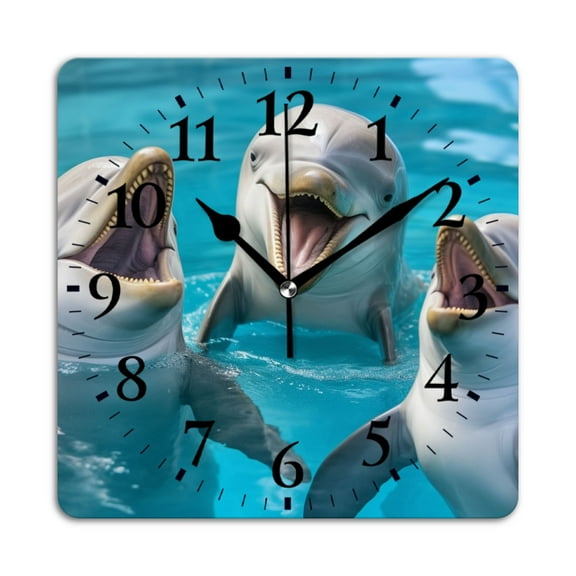Square Wall Clock,Three Dolphins Smiling And Laughing In The Blue Pool,Silent Non-Ticking Wall Clock Decor for Home Office Kitchen Living Room Bedroom(10inch)