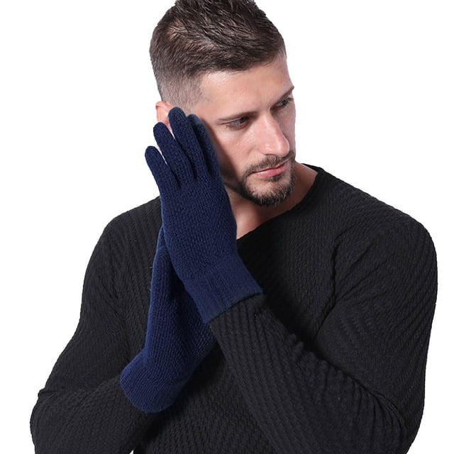 AWZXDE Mens Gloves Solid Color Winter Thickened Knitted Outdoor Warm Screen Snowman Embroidered