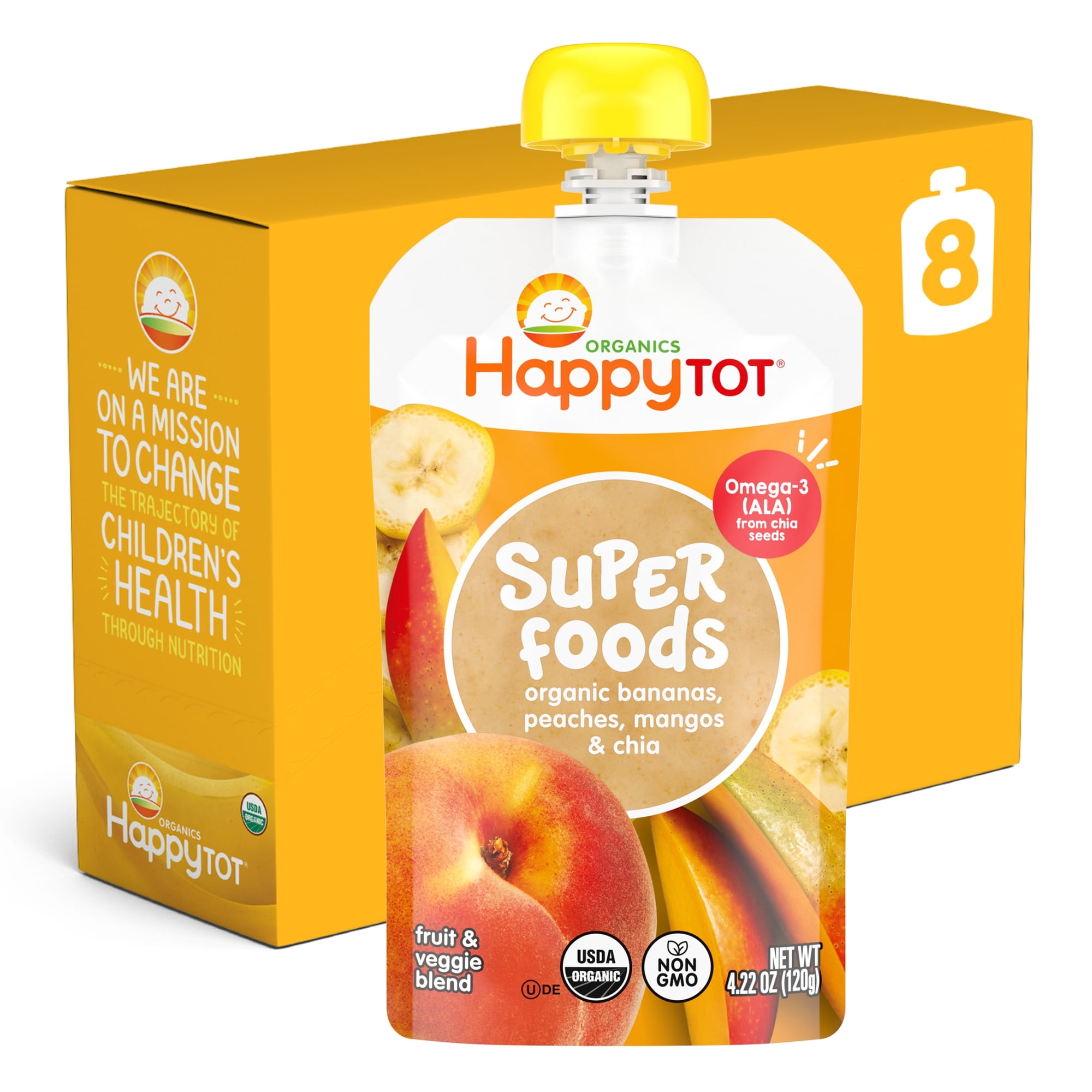 Happy Tot Organics Super Foods Stage 4, Bananas Peaches Mangos & Chia, Organic Tot Food Pouches, 4.22 oz. (8 pack)