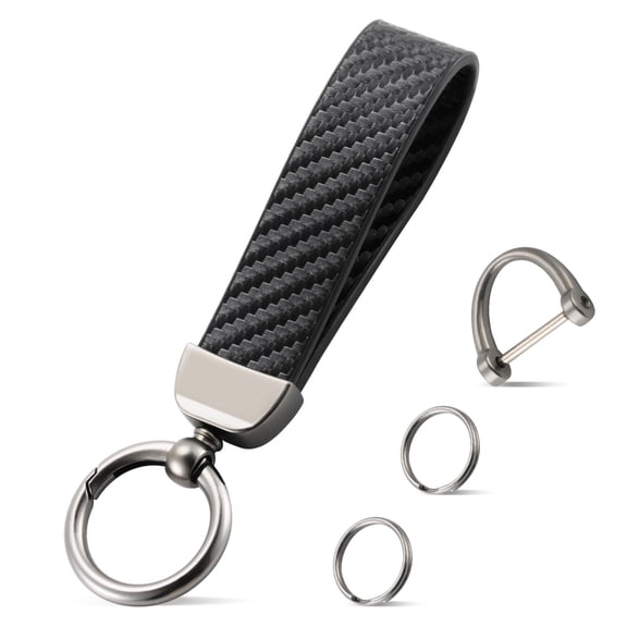 Bangbobby Leather Keychain, Carbon Fiber Car Key Chain with Anti-Lost D-Ring and 2 Key Ring, Keychain Wristlet, Car Accessories, Universal Keychain for Men and Women (Black)