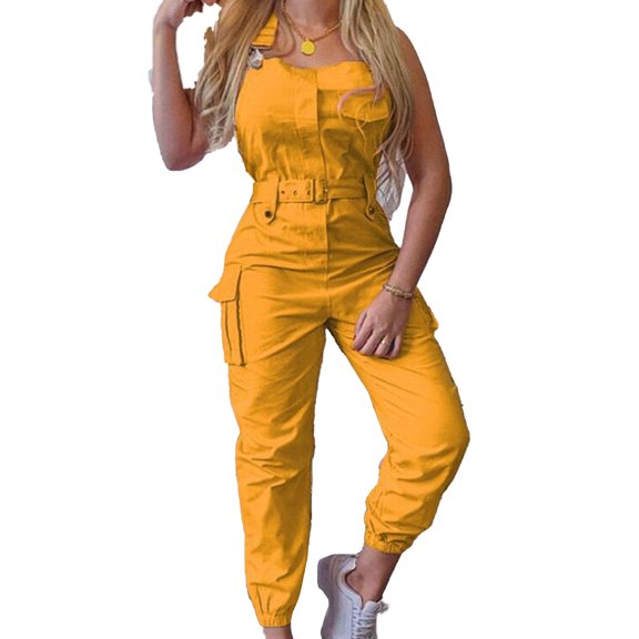 Fusipu Cargo Jumpsuit Ankle Tied Shoulder Strap Women Sleeveless High Waist Pockets Romper for Working