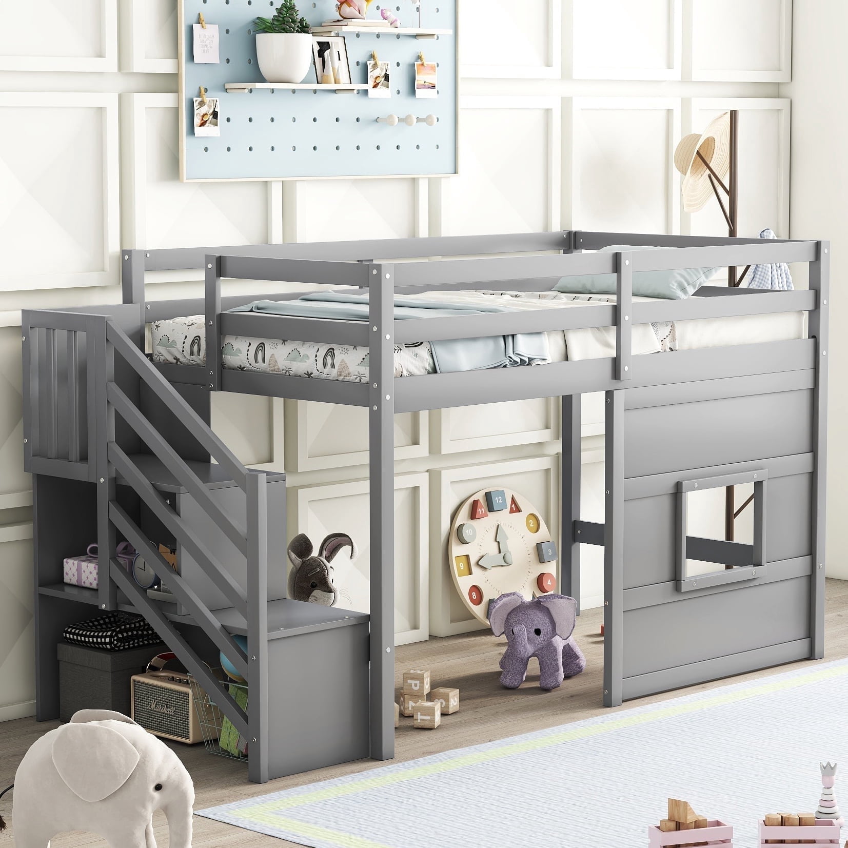 Bellemave Low Loft Bed with Stairs, Twin Size Loft Bed with LED Light and Storage Space, Wood Loft Bed Frame for Bedroom (Gray)