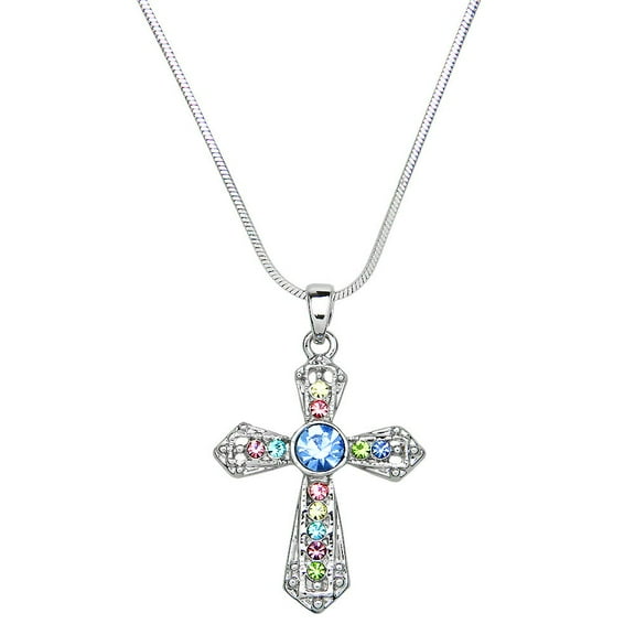 Cross Pendant Necklace or Earring Rhinestone Crystal Rhodium Plated 17 Inch Snake Chain J0461-MT