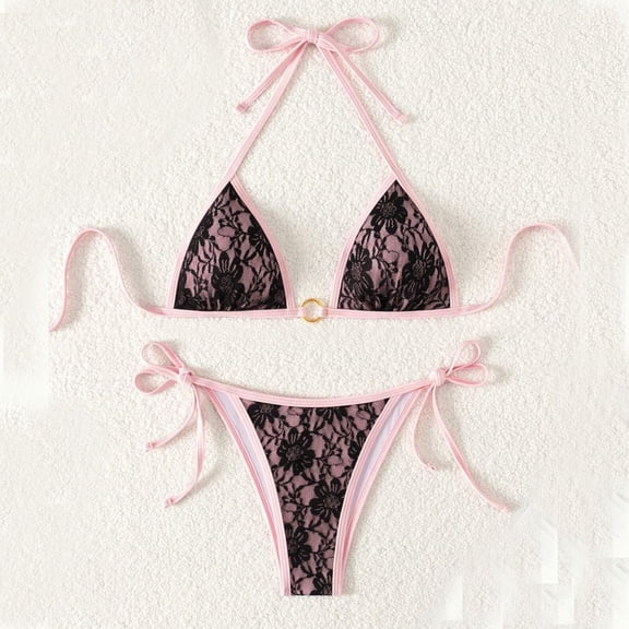 TKYCMSUAKI Women's String Triangle Bikini Sets 2 Piece Floral Lace Swimsuits Trendy Thong Bathing Suit with Side Tie Bottom