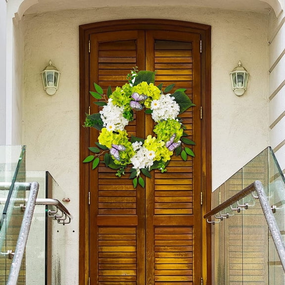 GeBuSn 17.72in/45cm Spring Hydrangeas Flower Wreaths Front Door With Lights Blue White Summer Door Wreath With Leaves Home Party Wedding ' Unique Mom (Green)