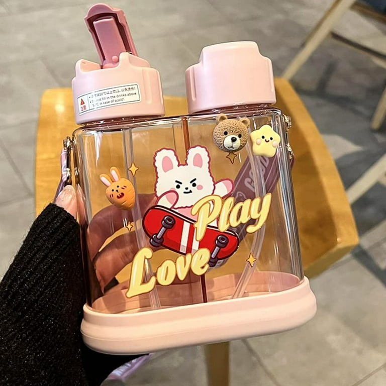 PIKADINGNIS 22 Oz Cute Cartoon Water Bottle Dual Drinks, Portable Aesthetic  Transparent Canteen with Straws