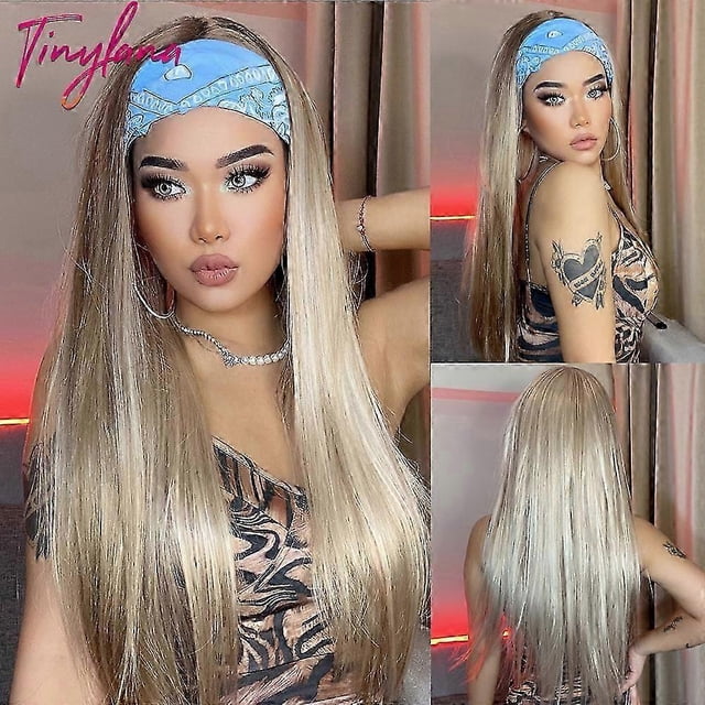 Chocolate Brown Mixed Golden Blonde Long Straight Synthetic Women's Headband Wigs Bohemian Hair For Black Women Fake Hair