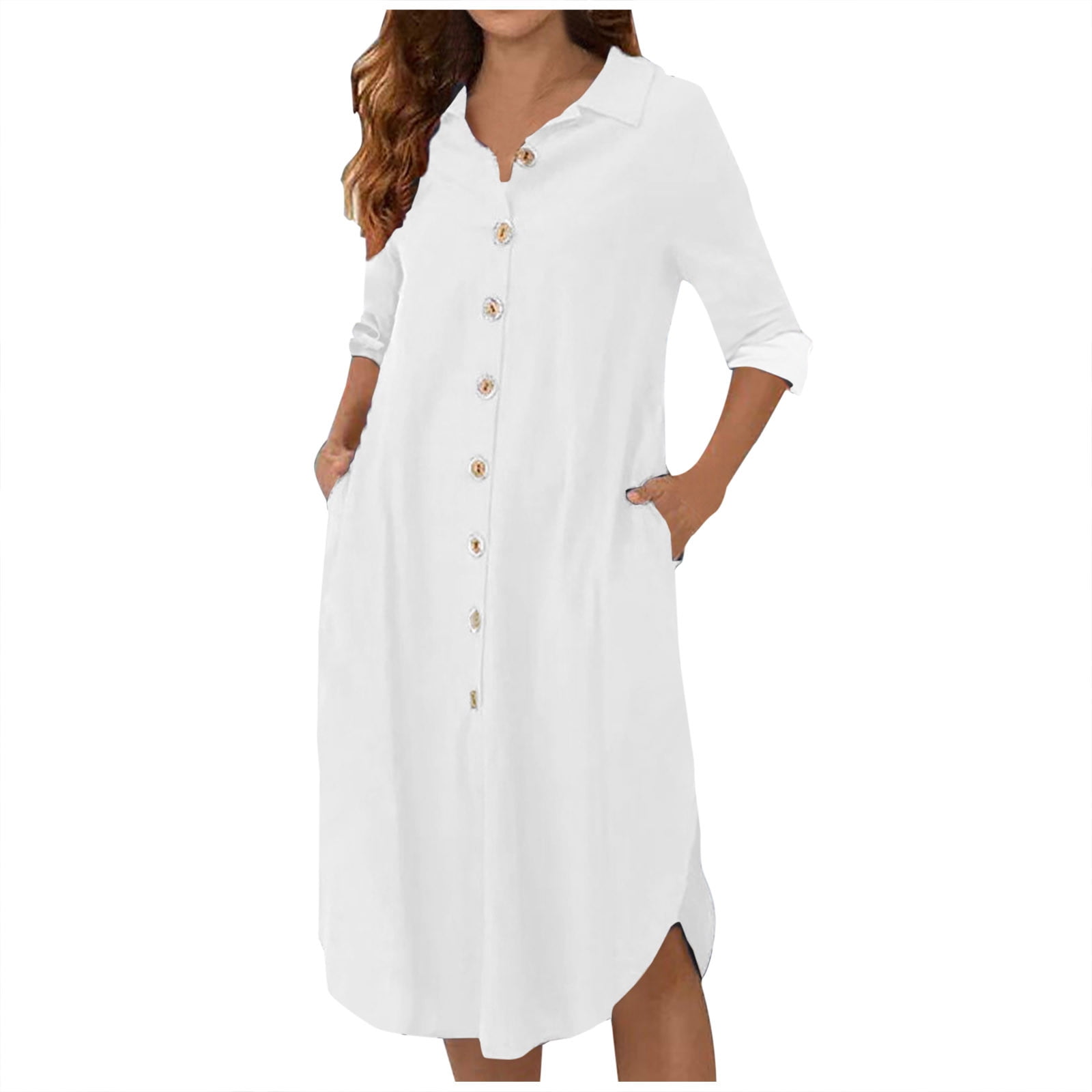 Casual Dresses for Women Solid Color Button up V Neck Lapel Midi Dress