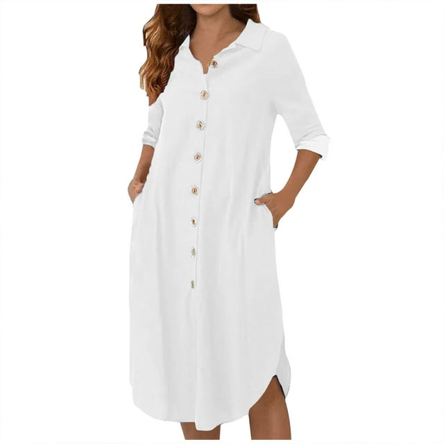 Robes Décontractées pour Femmes, Couleur Unie, Boutonnée, Col en V, Col à Revers, Robe Midi, Manches Longues/courtes, Robe Chemise avec Poches