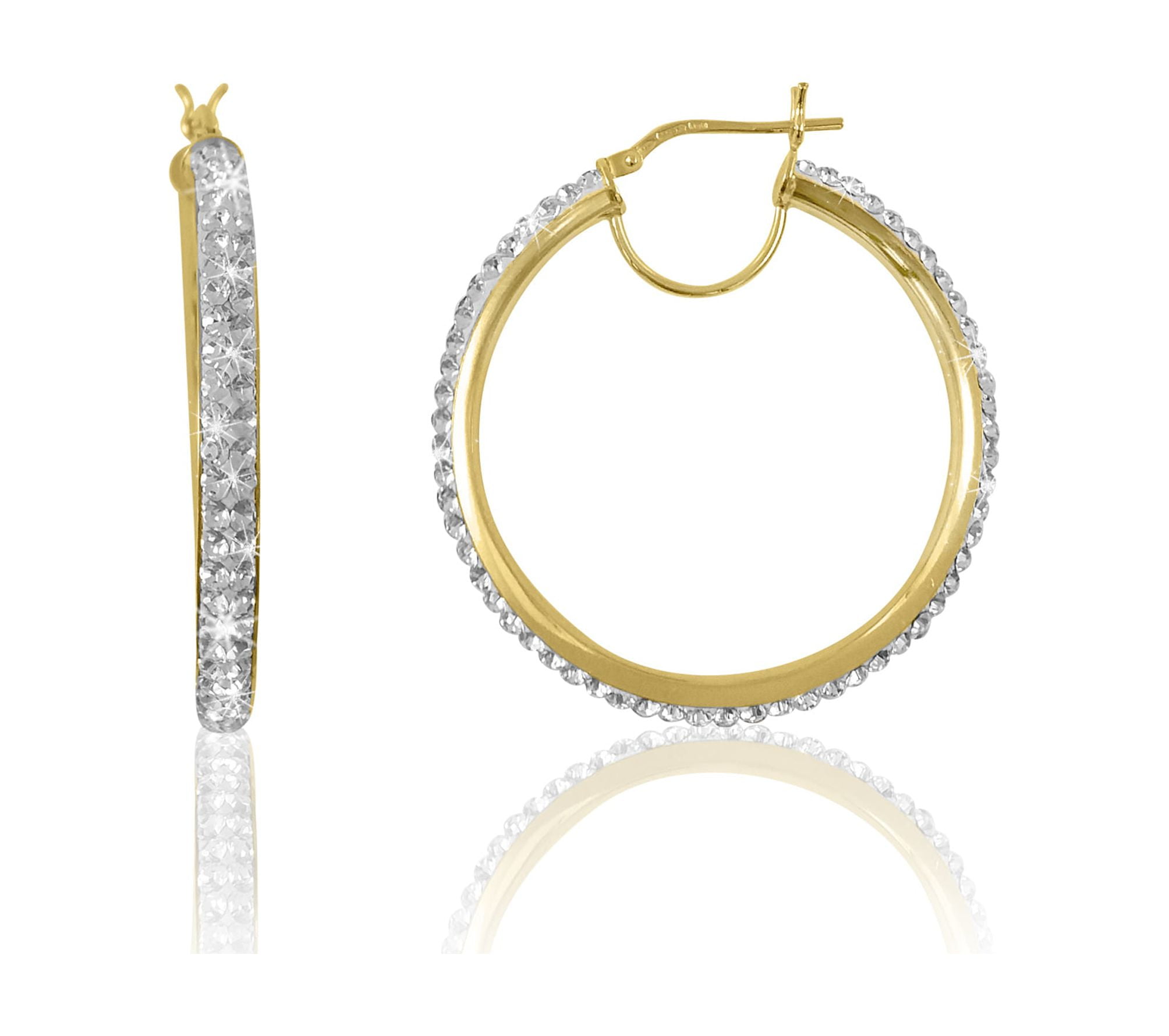 Brilliance Fine Jewelry Women's 14K Gold Plated Sterling Silver 2 Row Crystal Round Hoop Adults Earring