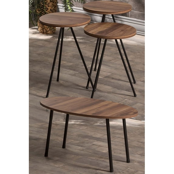 Walnut Oval Coffee Table Set with 4 PCS,Set With 3 Modern Round Nesting Tables And Coffee Table with Black Metal Legs,Stacking Side Tables,Set of 4 Small Accent Table End Table,Nesting Tables