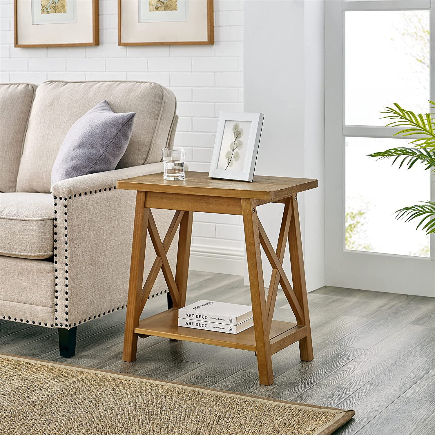 MUSEHOMEINC Modern Farmhouse Solid Wood End Table with Storage Shelf