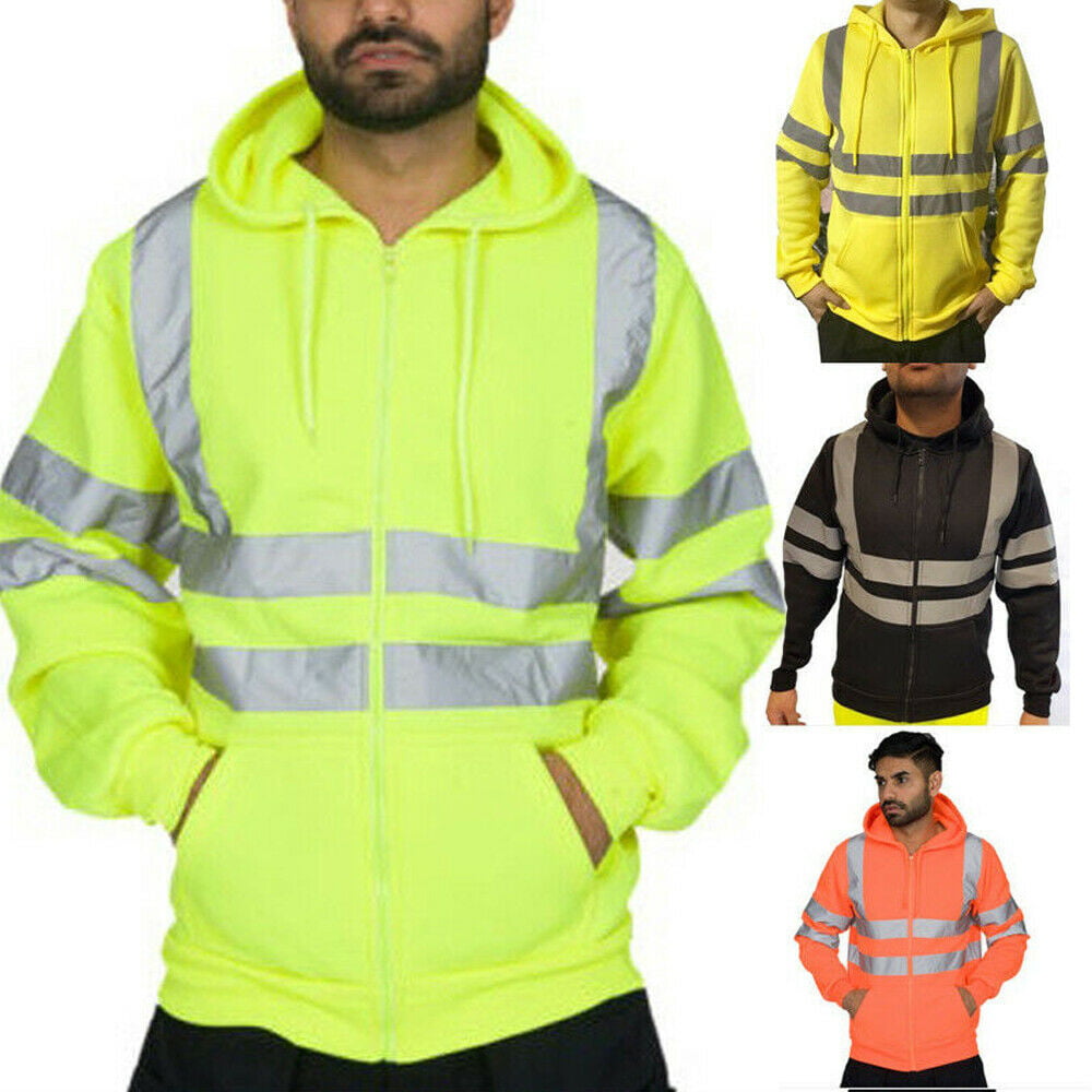 Men High Viz Hoodie Sweatshirt Hi Vis Visibility Safety Work Pullover Hoody Coat 