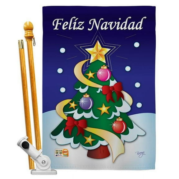 Breeze Decor BD-XM-HS-114071S-IP-BO-D-US19-BD 28 x 40 in. Feliz Navidad Winter Christmas Impressions Decorative Vertical Double Sided House Flag Set with Pole Bracket & Hardware